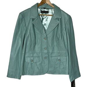 New PAMELA MCCOY Mint Green Genuine Leather Buttons Moto Jacket Blazer